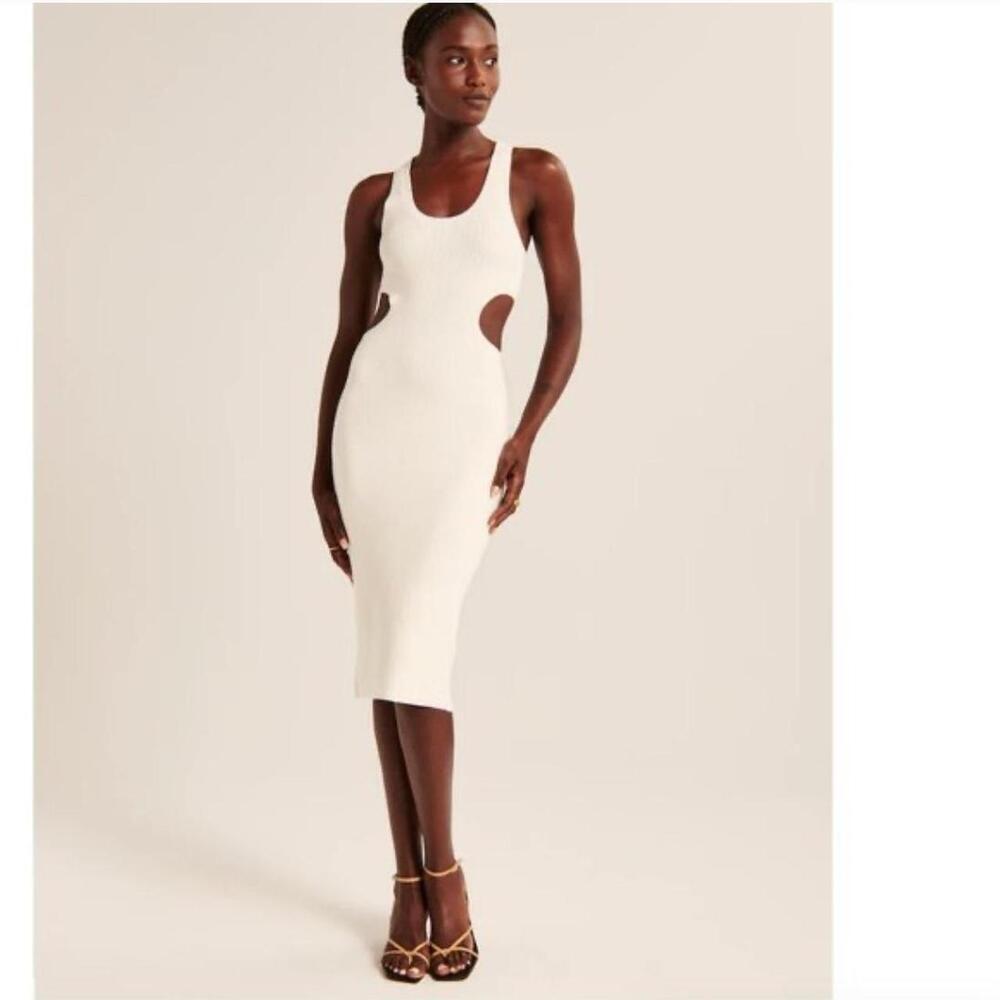 ABERCROMBIE AND FITCH Cream Ribbed Midi Dress with Cutout Size Small Petite